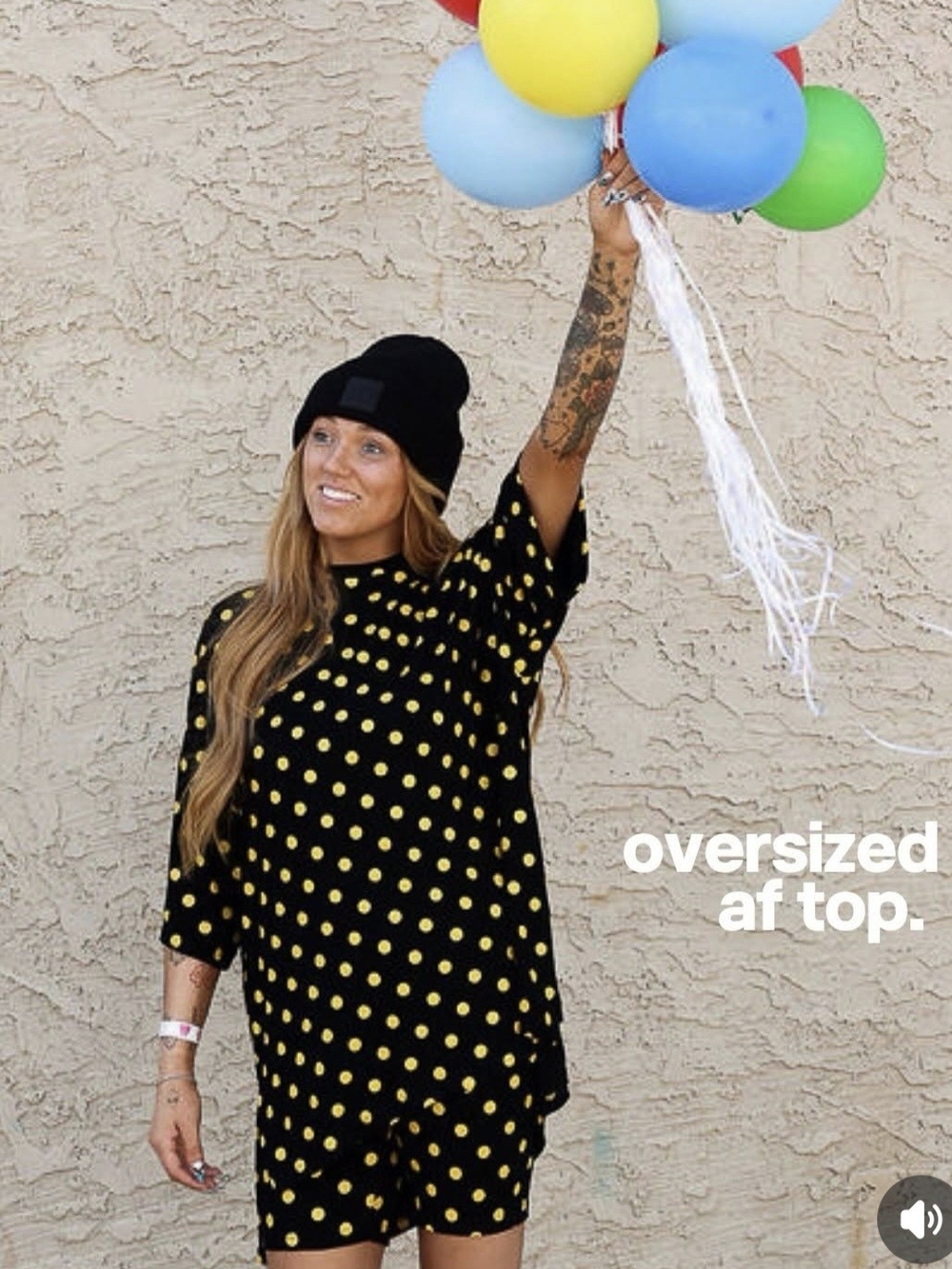Women's Oversized Black Tee with Yellow Polka Dots